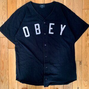 Vintage Y2K Obey Baseball Shirt Spellout Logo Men's Large Black Skating Street